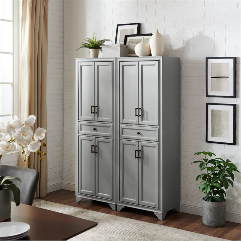 Crosley Tara 4 Door Pantry Set in Distressed Gray (Set of 2) | Homesquare