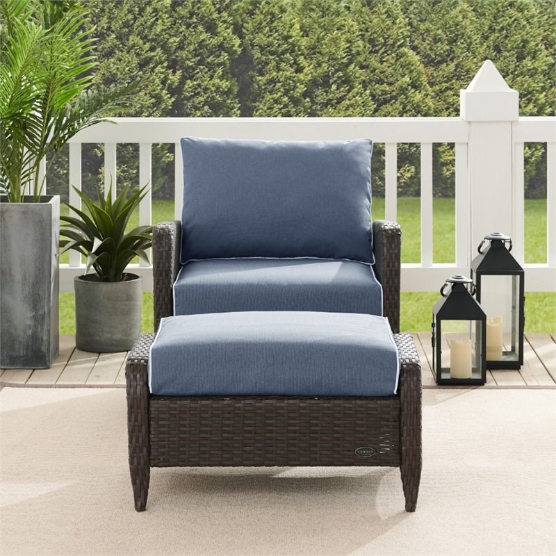 Crosley Kiawah Outdoor Wicker Chair with Ottoman in Blue