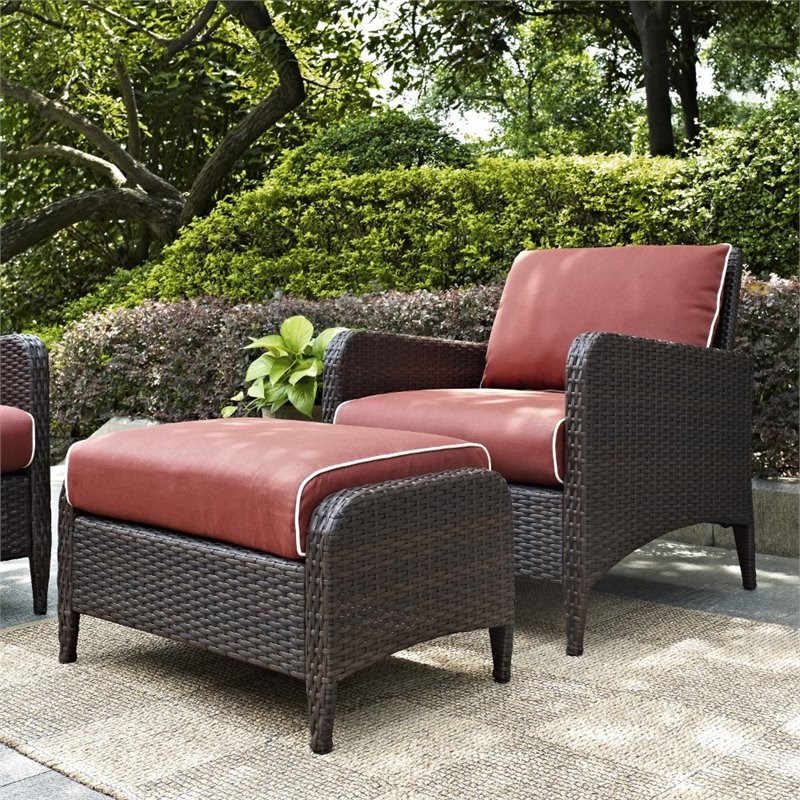 Crosley Kiawah Outdoor Wicker Chair with Ottoman in Sangria