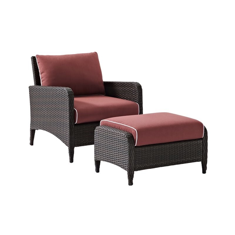Crosley Kiawah Outdoor Wicker Chair with Ottoman in Sangria