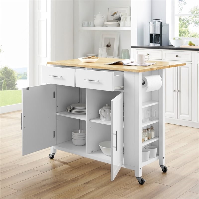 Crosley Savannah Wood Top Drop Leaf Kitchen Cart in White | Homesquare