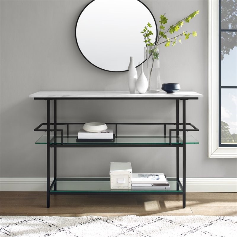 Crosley Aimee Faux Marble Top Console Table in Matte Black