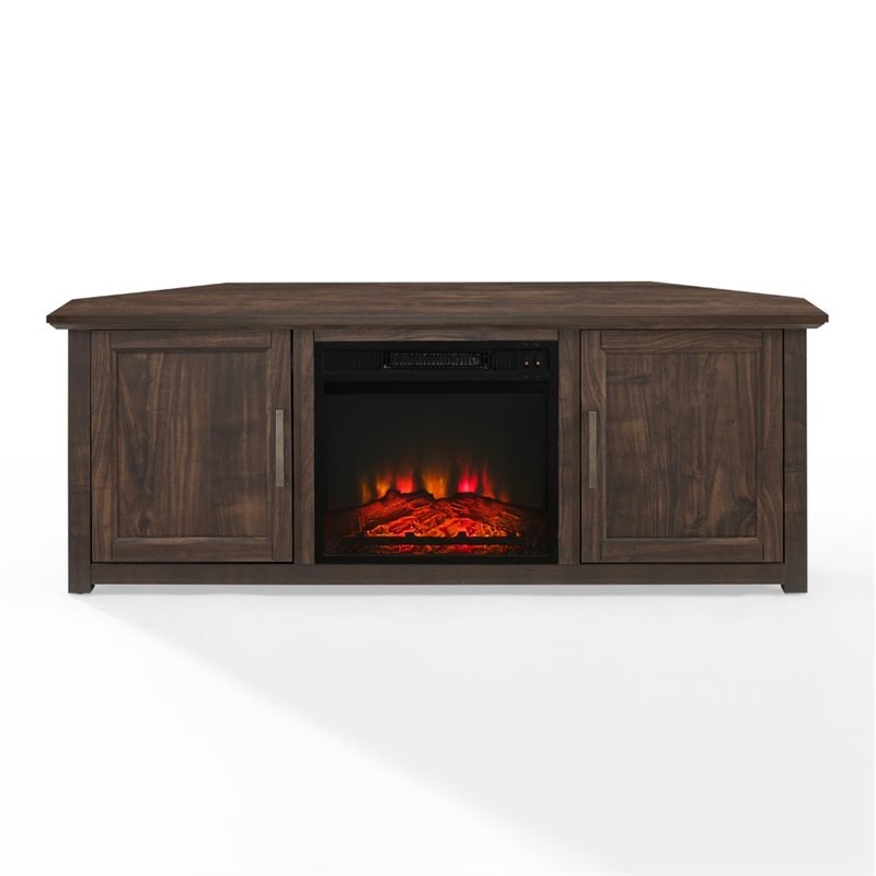 Crosley Camden 58" Rustic Corner TV Stand with Fireplace in Dark Walnut
