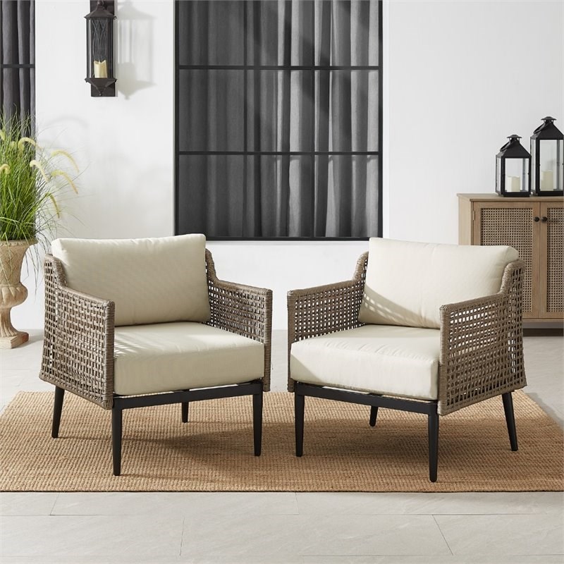 Crosley Furniture Southwick Wicker Patio Armchair in Creme and Brown (Set of 2)