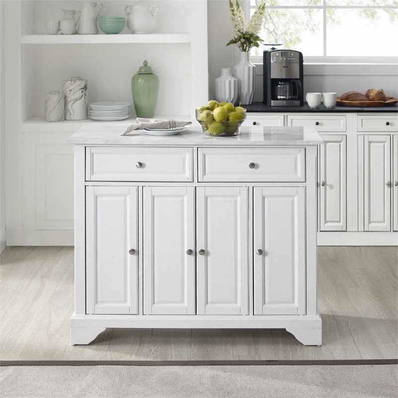 Crosley Furniture Avery Faux Marble Top Kitchen Island Cart in Distressed White