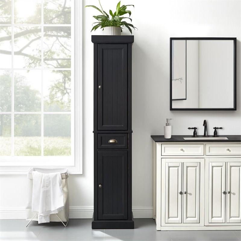Crosley Furniture Seaside Tall Coastal Wooden Linen Cabinet in Distressed Black