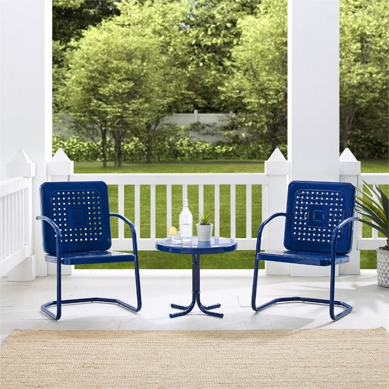 Crosley Furniture Bates 3 Piece Metal Patio Conversation Set in Navy and White