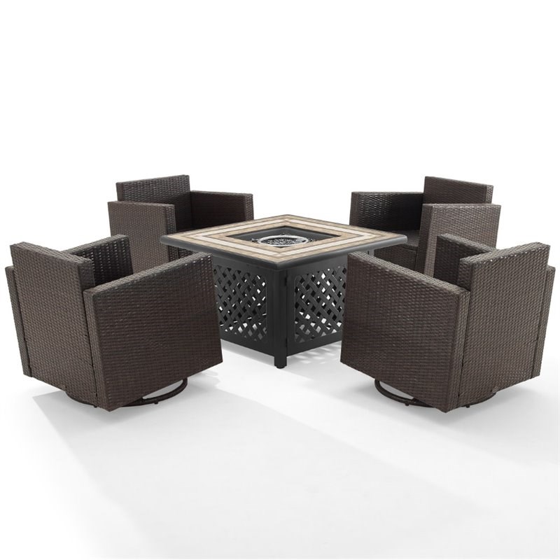 Crosley Palm Harbor 5 Piece Wicker Patio Fire Table Set in Gray and Brown