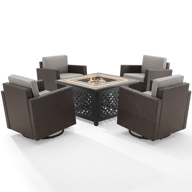 Crosley Palm Harbor 5 Piece Wicker Patio Fire Table Set in Gray and Brown