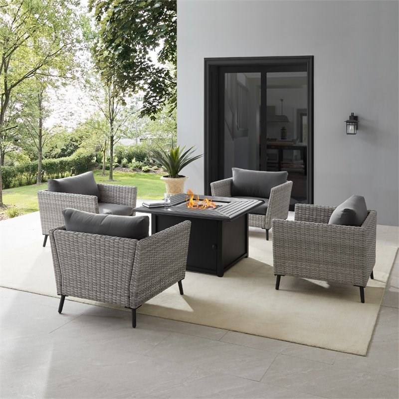 Crosley Richland 5 Piece Wicker Patio Fire Table Set in Gray and Black