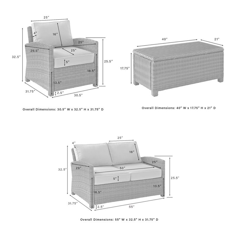 Crosley Furniture Bradenton 3-piece Wicker Outdoor Conversation Set in Gray