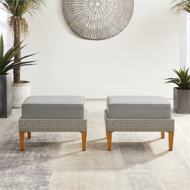 Crosley Furniture Capella Modern Wicker Outdoor Ottomans in Gray (Set of 2)