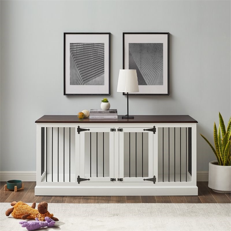 Crosley Furniture Winslow Wood Medium Credenza Pet Crate in White/Brown