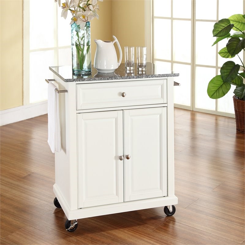 Crosley Gray Granite Top Portable Kitchen Cart in White