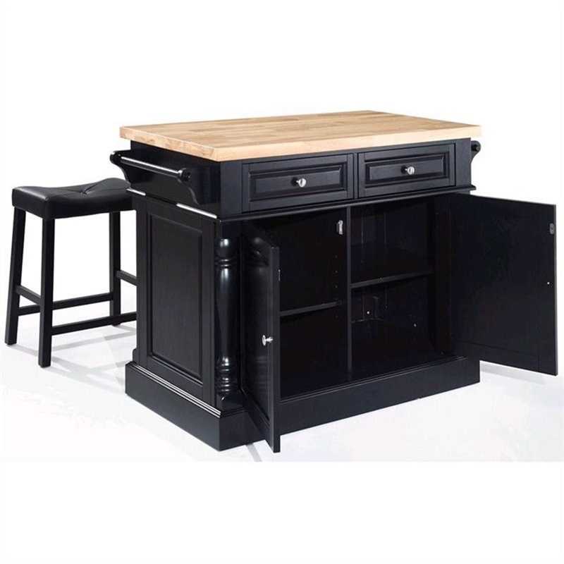 Crosley Oxford Butcher Block Top Kitchen Island with Saddle Stools in