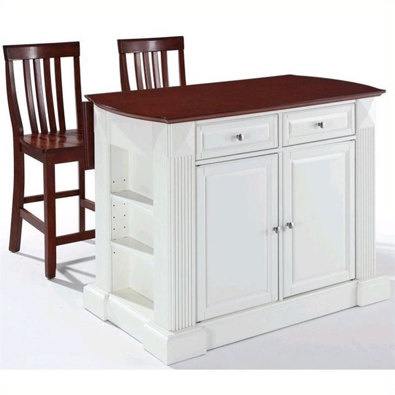 Crosley Coventry Drop Leaf Kitchen Island with School House Stools in White