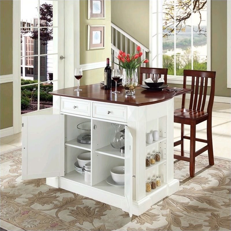 Crosley Coventry Drop Leaf Kitchen Island with School House Stools in White