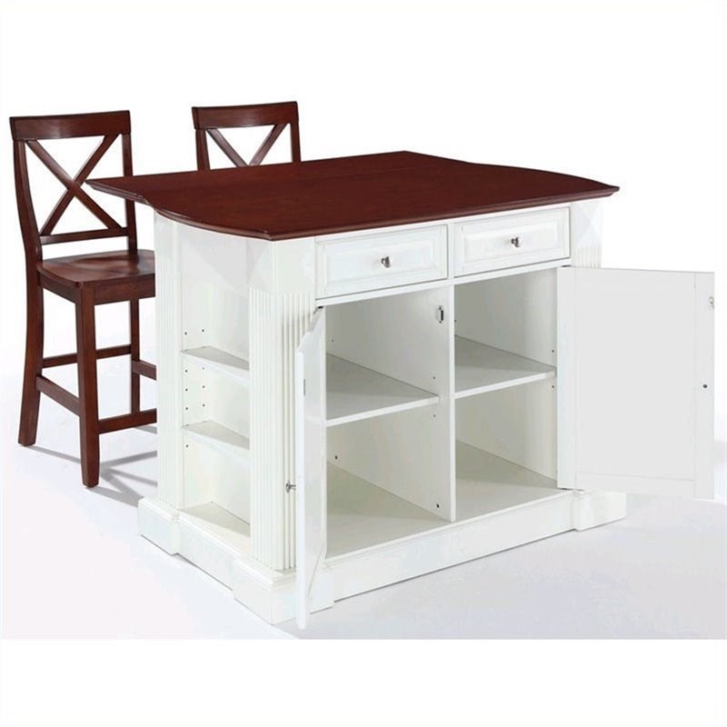 Crosley Coventry Drop Leaf Kitchen Island with X Back Stools in White