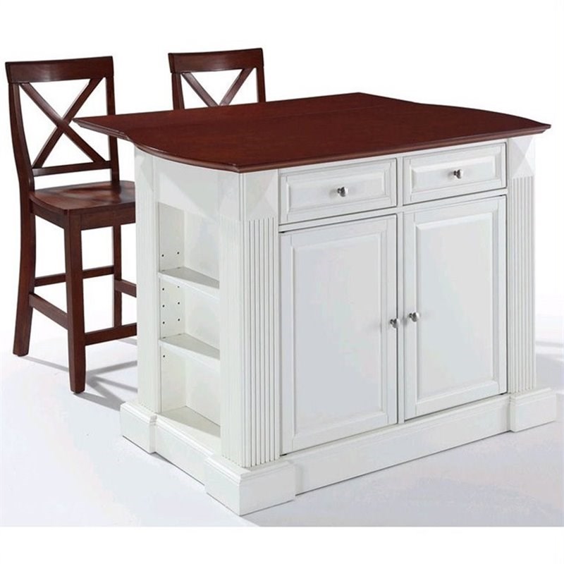 Crosley Coventry Drop Leaf Kitchen Island with X Back Stools in White