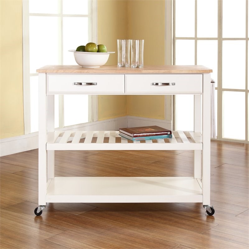Crosley 2 Drawer Natural Wood Top Kitchen Cart in White
