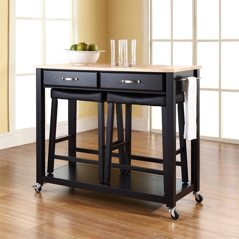 Crosley Natural Wood Top Kitchen Cart with Saddle Stools in Black