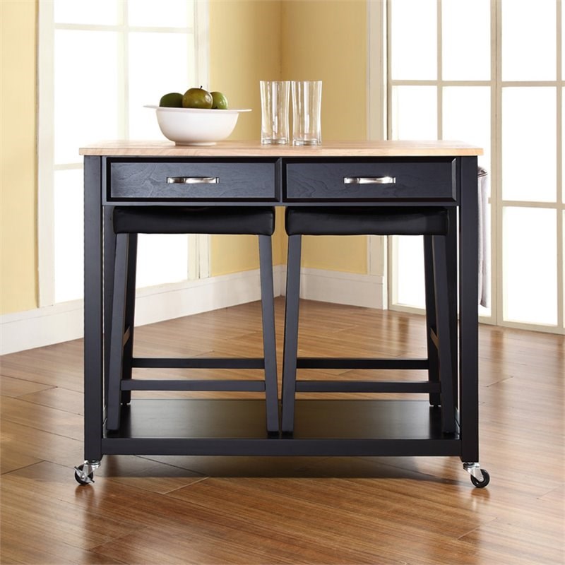Crosley Natural Wood Top Kitchen Cart with Saddle Stools in Black
