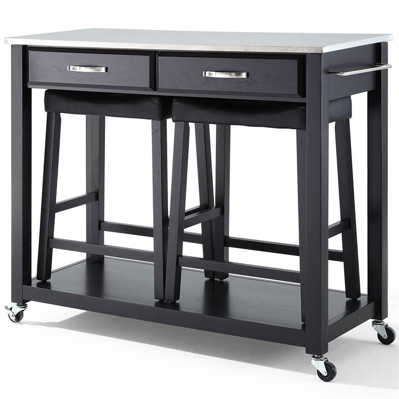 Crosley Stainless Steel Top Kitchen Cart with Saddle Stools in Black