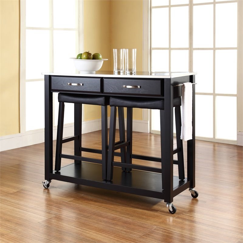 Crosley Stainless Steel Top Kitchen Cart with Saddle Stools in Black