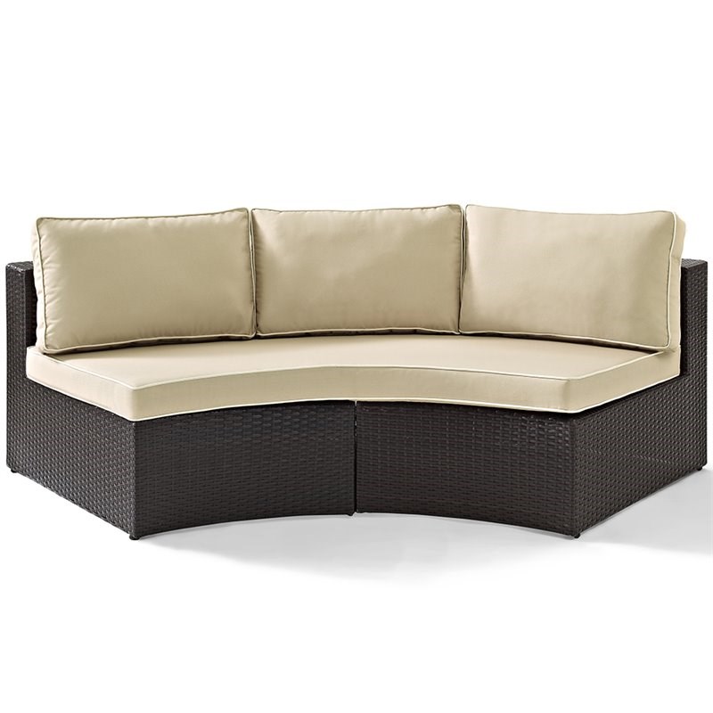 Crosley Catalina Wicker Curved Patio Sectional Sofa in Brown and Sand