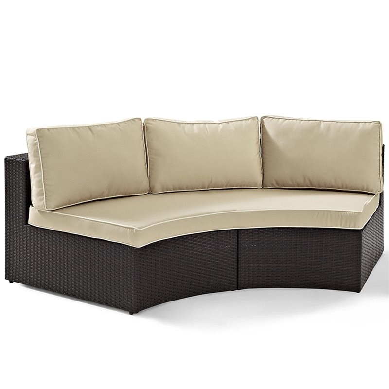 Crosley Catalina Wicker Curved Patio Sectional Sofa in Brown and Sand
