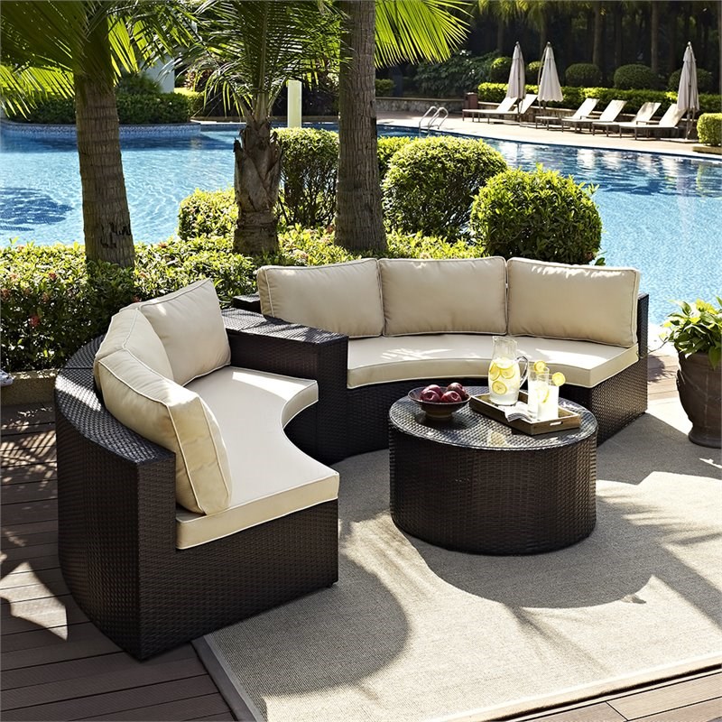 Crosley Catalina 4 Piece Wicker Curved Patio Sectional Set in Brown and Sand