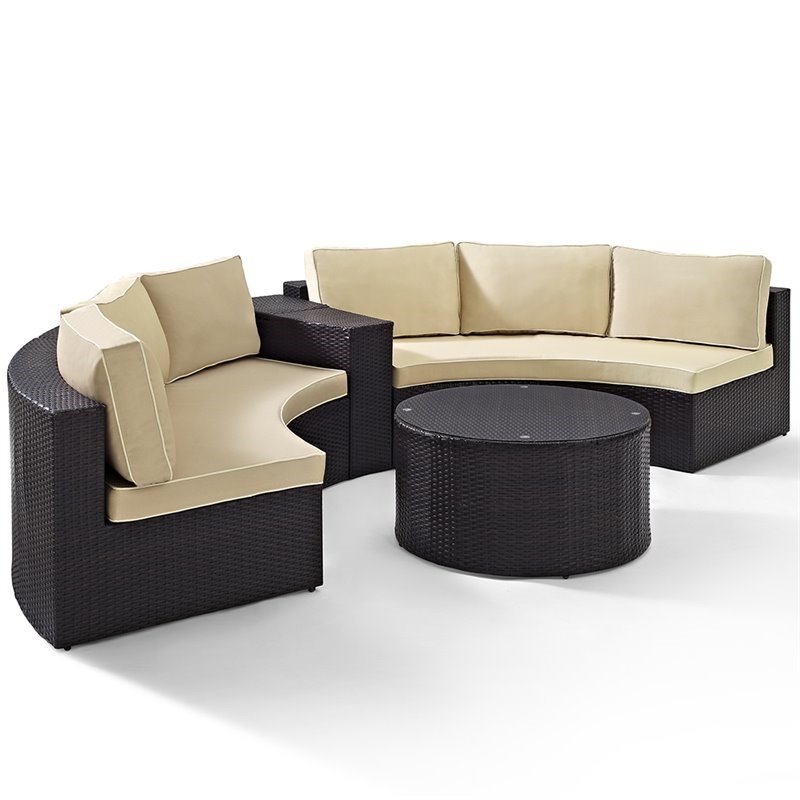 Crosley Catalina 4 Piece Wicker Curved Patio Sectional Set in Brown and Sand