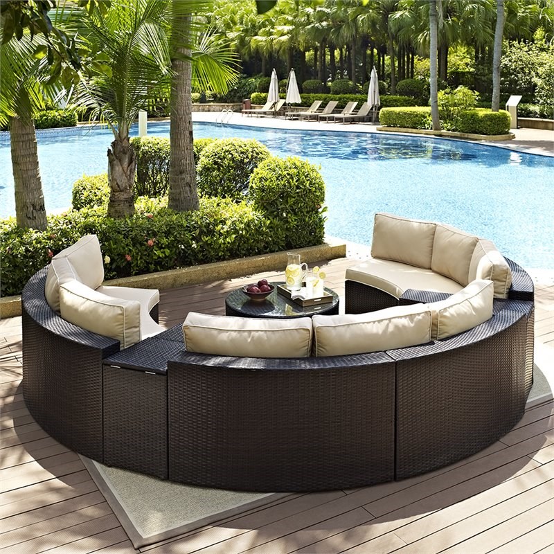 Crosley Catalina 6 Piece Wicker Curved Patio Sectional Set in Brown and Sand