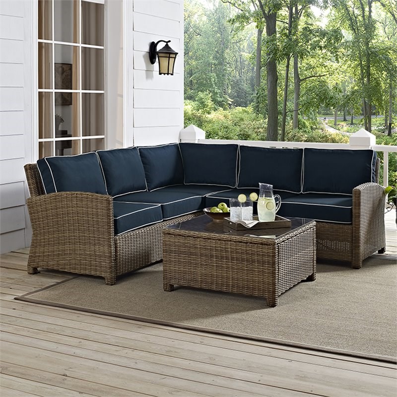 Crosley Bradenton 4 Piece Wicker Patio Sectional Set in Brown and Navy