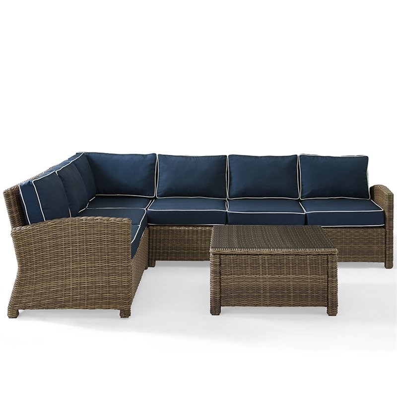 crosley bradenton 5 piece wicker patio sectional set in brown and navy