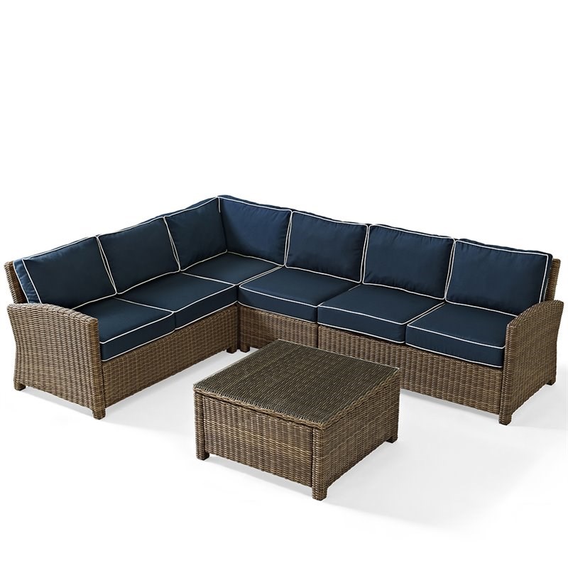 Crosley Bradenton 5 Piece Wicker Patio Sectional Set in Brown and Navy