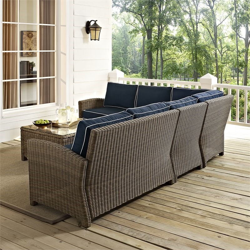 Crosley Bradenton 5 Piece Wicker Patio Sectional Set in Brown and Navy