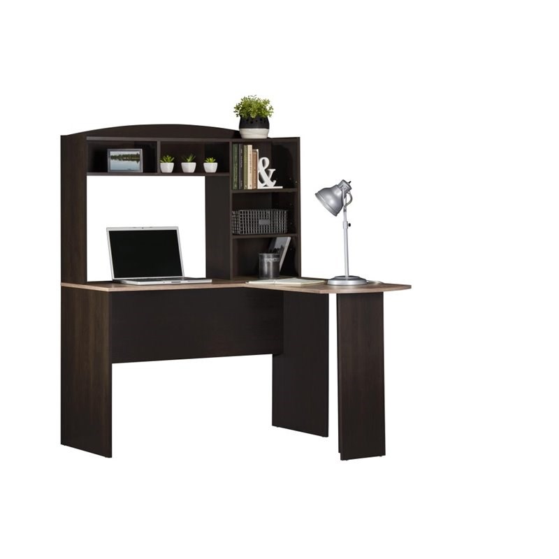 Altra Furniture Sutton L Desk with Hutch in Espresso and Rustic Oak