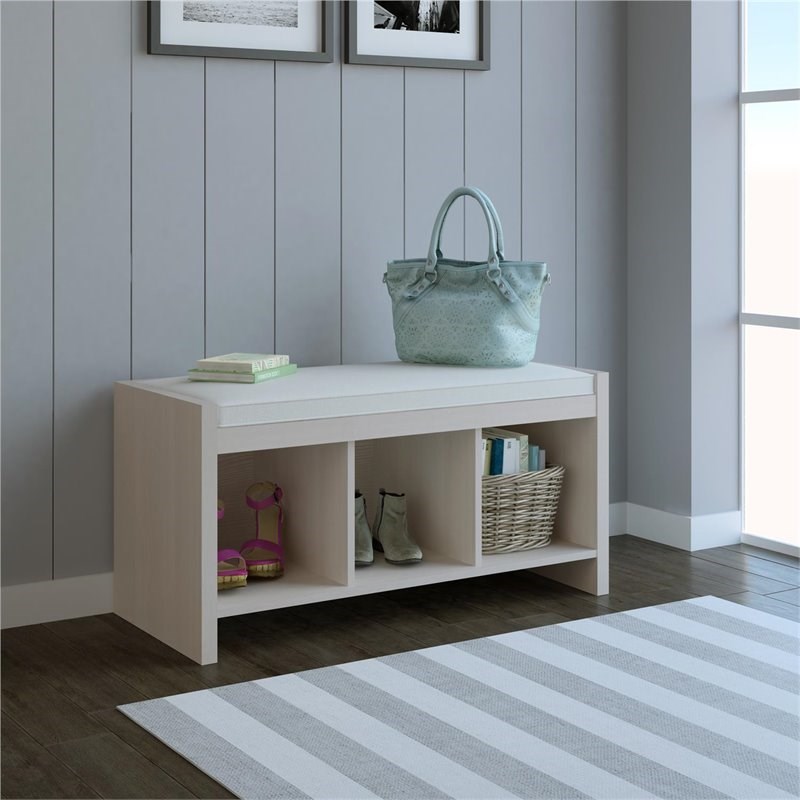 Ameriwood Home Penelope Entryway Storage Bench with Cushion in Ivory Pine