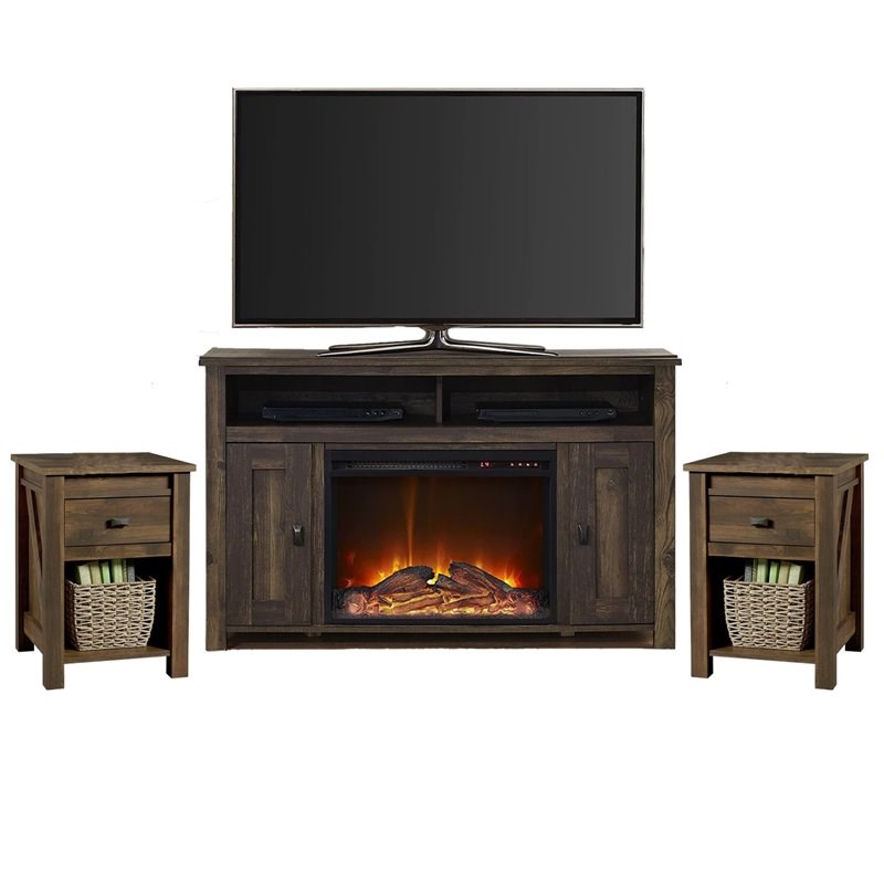 Ameriwood Farmington 3-Piece Fireplace TV Stand and Matching Nightstand Set