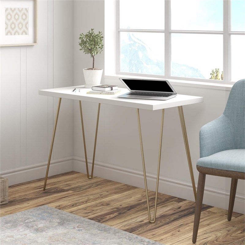 Ameriwood Home Owen Retro Computer Desk in White and Gold Legs