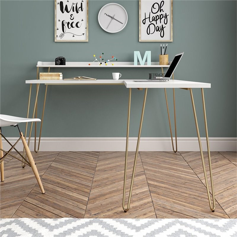 Ameriwood Home Haven L Desk with Riser in White and Gold Homesquare