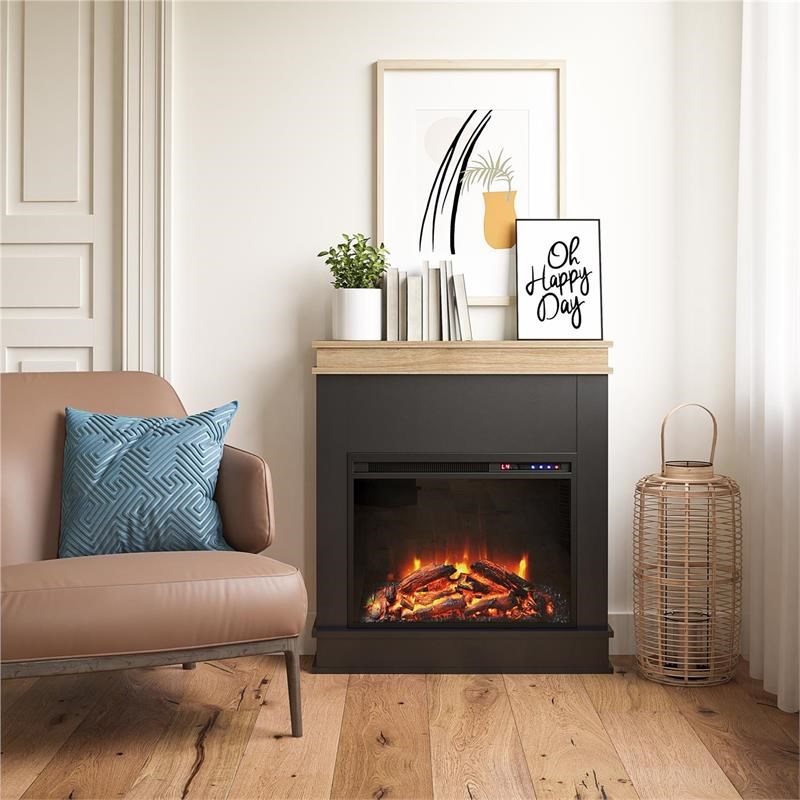 Ameriwood Home Mateo Fireplace with Mantel in Black with Natural Mantel