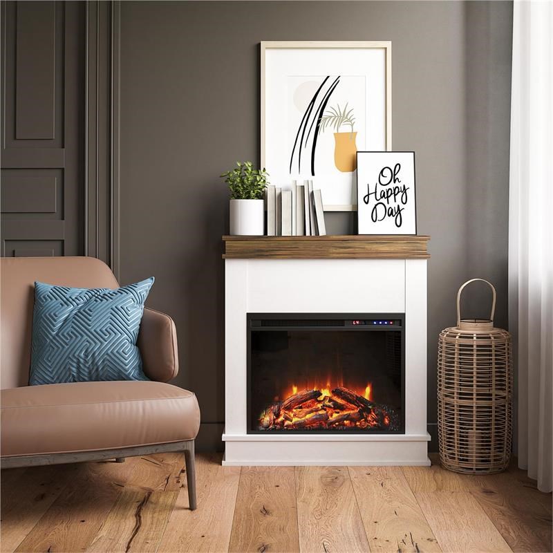 Ameriwood Home Mateo Fireplace with Mantel in Ivory Oak with Rustic Mantel