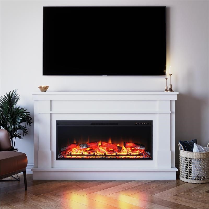 Ameriwood Home Elmcroft Wide Mantel with Linear Electric Fireplace in White