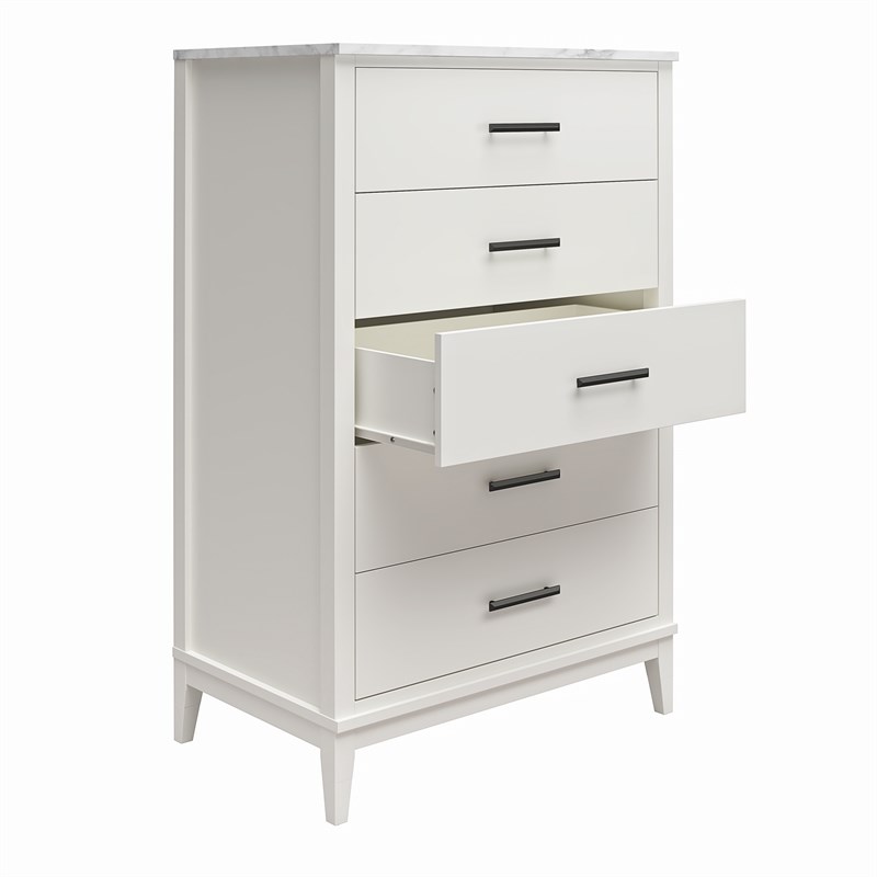 Ameriwood Home Lynnhaven Tall 5 Drawer Dresser in White w/ White Marble Top