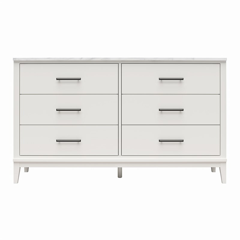 Ameriwood Home Lynnhaven Wide 6 Drawer Dresser in White w/ White Marble Top