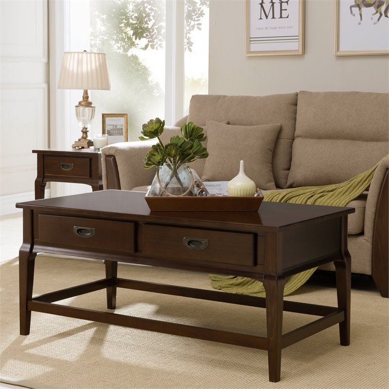 leick home stratus two drawer coffee table in heartwood cherry 22004