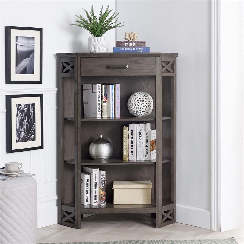Leick Home Riley Holliday 3Shelf Corner Bookcase with Drawer in Smoke