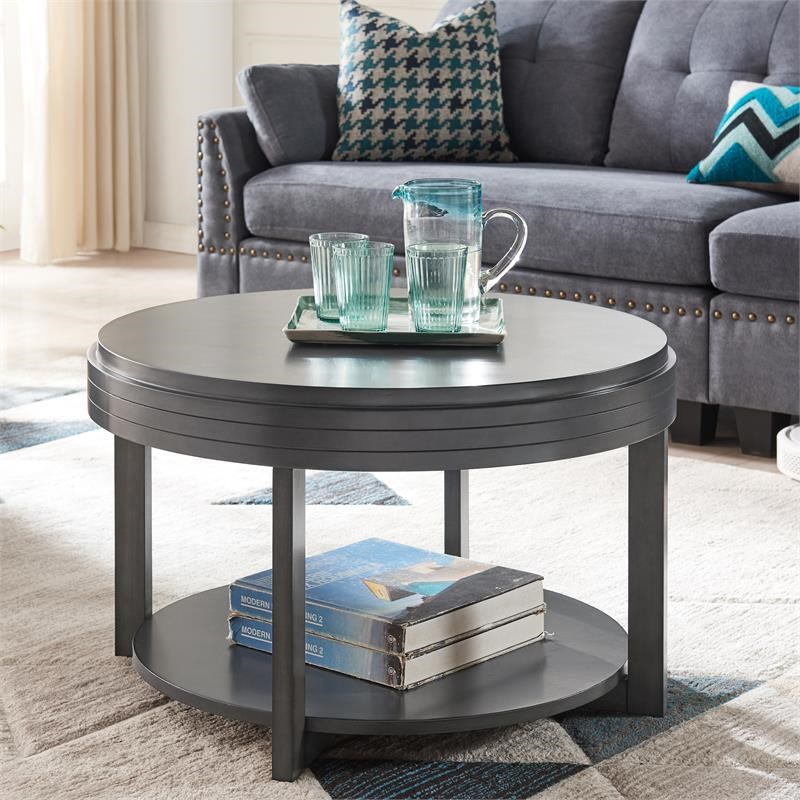 Leick Home Round Wood Coffee Table in Smoke Gray and Espresso Homesquare